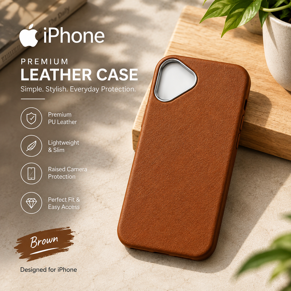 Premium PU Leather Back Cover for iPhone – Brown & Navy Blue iPhone 16