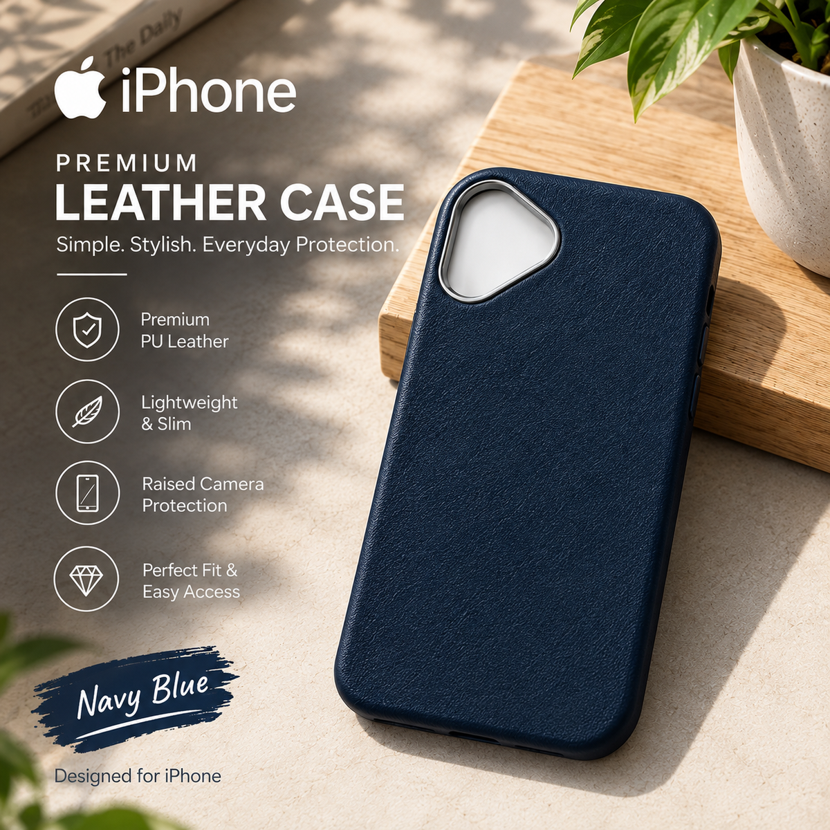Premium PU Leather Back Cover for iPhone – Brown & Navy Blue iPhone 16