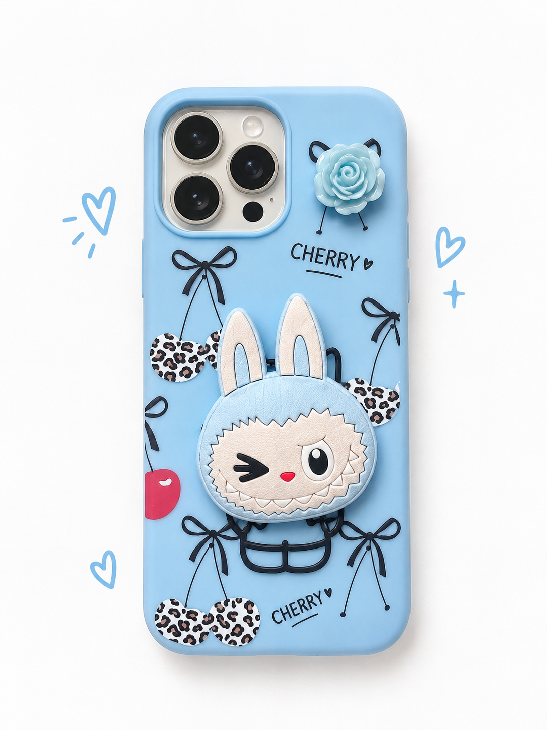 Cute Pink 3D Cartoon Kitty Mobile Back Cover with Rose iPhone 16 pro