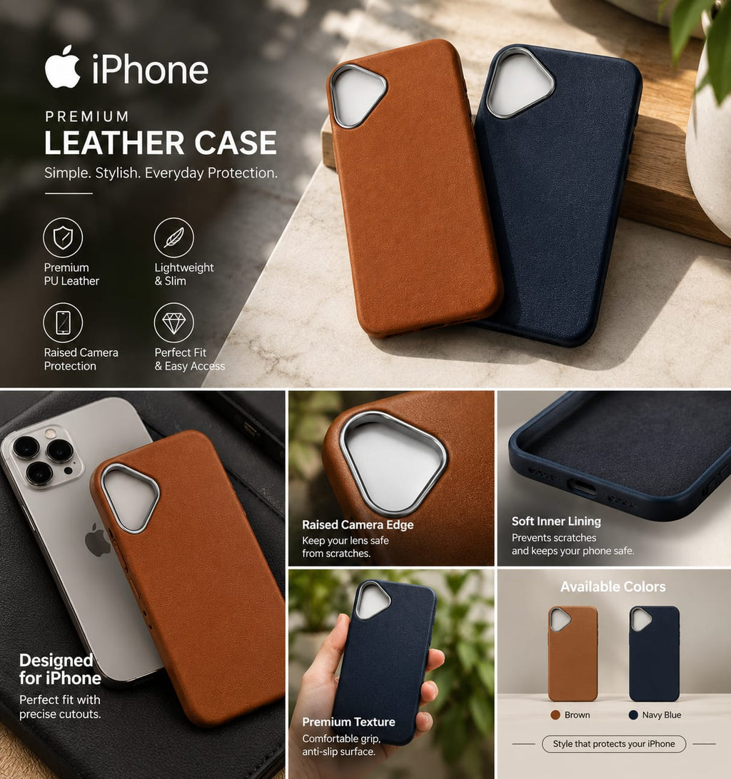 Premium PU Leather Back Cover for iPhone – Brown & Navy Blue iPhone 16