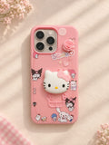 Cute Pink 3D Cartoon Kitty Mobile Back Cover with Rose iPhone 16 pro